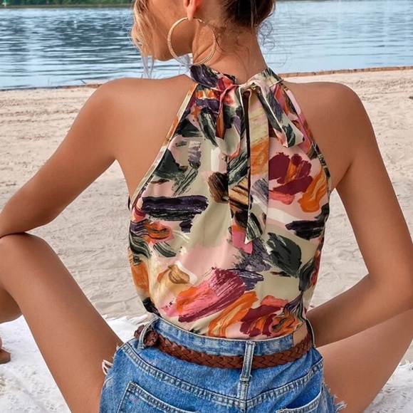 Boho Watercolor Brush Print Halter Top - Picture 4 of 5